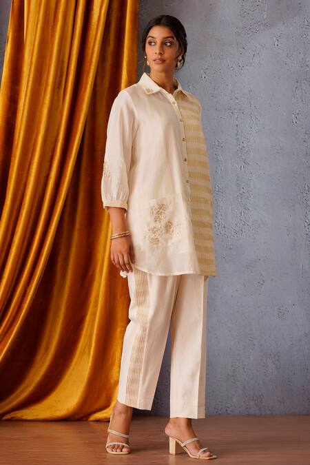 OMI Off White Chanderi Sequins Collared Embroidered Button Down Shirt Pant Set at Aza Fashions OMI_Off White Chanderi Sequins Collared Embroidered Button Down Shirt Pant Set _at_Aza_Fashions
