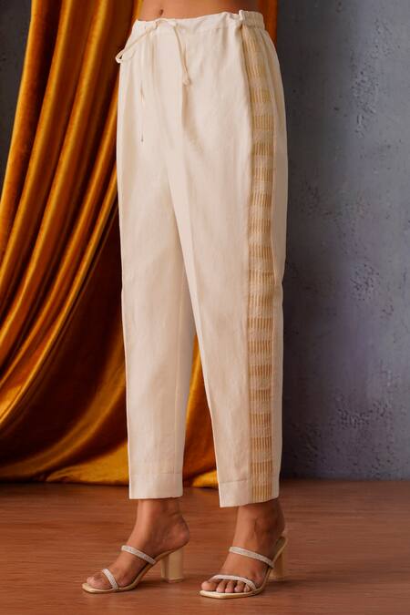 Buy OMI Off White Chanderi Sequins Collared Embroidered Button Down Shirt Pant Set Buy_OMI_Off White Chanderi Sequins Collared Embroidered Button Down Shirt Pant Set