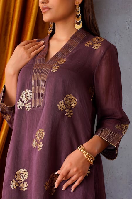 Buy_OMI_Wine Chanderi Embroidery, Sequins Collared Tapered Tunic Pant Set _Online_at_Aza_Fashions