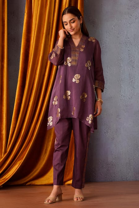 Shop_OMI_Wine Chanderi Embroidery, Sequins Collared Tapered Tunic Pant Set _Online_at_Aza_Fashions