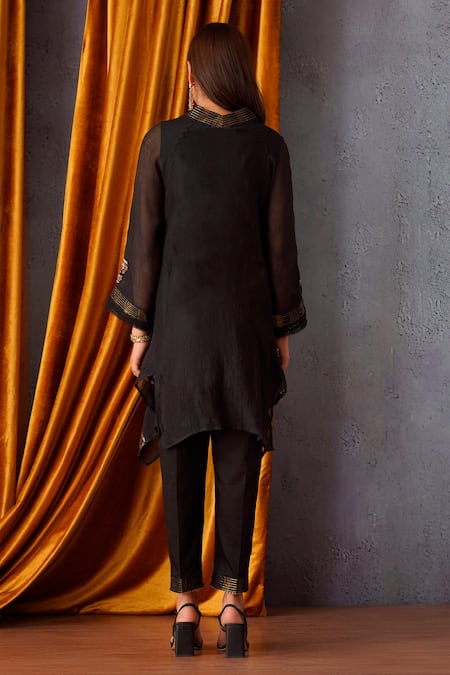 Shop OMI Black Chanderi Sequins V-neck Asymmetric Embroidered Tunic Pant Set at Aza Fashions Shop_OMI_Black Chanderi Sequins V-neck Asymmetric Embroidered Tunic Pant Set _at_Aza_Fashions