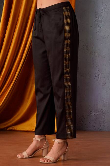 Shop OMI Black Chanderi Sequins V-neck Asymmetric Embroidered Tunic Pant Set Online at Aza Fashions Shop_OMI_Black Chanderi Sequins V-neck Asymmetric Embroidered Tunic Pant Set _Online_at_Aza_Fashions