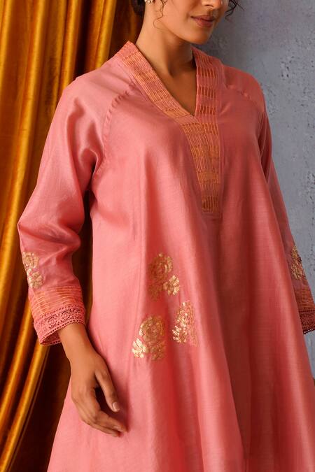 Shop_OMI_Pink Chanderi Sequins V-neck Asymmetric Floral Embroidered Tunic Pant Set _Online_at_Aza_Fashions