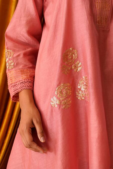 OMI_Pink Chanderi Sequins V-neck Asymmetric Floral Embroidered Tunic Pant Set _at_Aza_Fashions