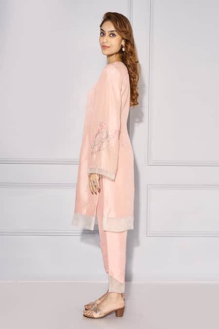 Kressa Pink Silk Embroidery Round Neck Floral Straight Kurta And Pant Set Online at Aza Fashions Kressa_Pink Silk Embroidery Round Neck Floral Straight Kurta And Pant Set_Online_at_Aza_Fashions