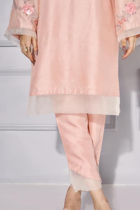 Shop Kressa Pink Silk Embroidery Round Neck Floral Straight Kurta And Pant Set Online at Aza Fashions Shop_Kressa_Pink Silk Embroidery Round Neck Floral Straight Kurta And Pant Set_Online_at_Aza_Fashions