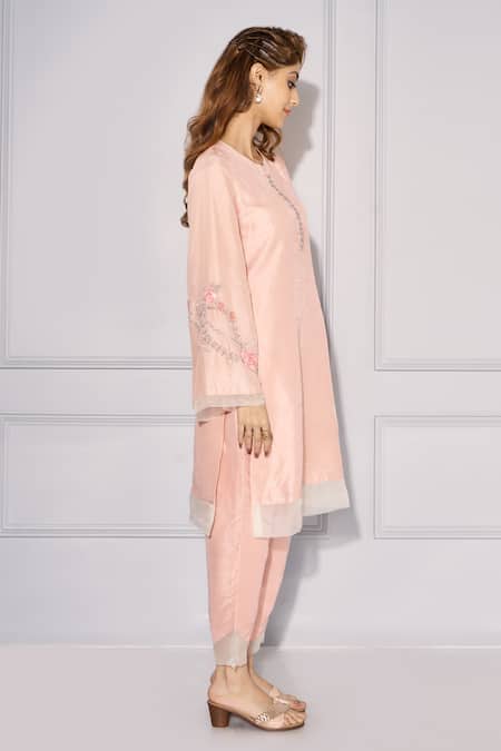 Kressa Pink Silk Embroidery Round Neck Floral Straight Kurta And Pant Set at Aza Fashions Kressa_Pink Silk Embroidery Round Neck Floral Straight Kurta And Pant Set_at_Aza_Fashions