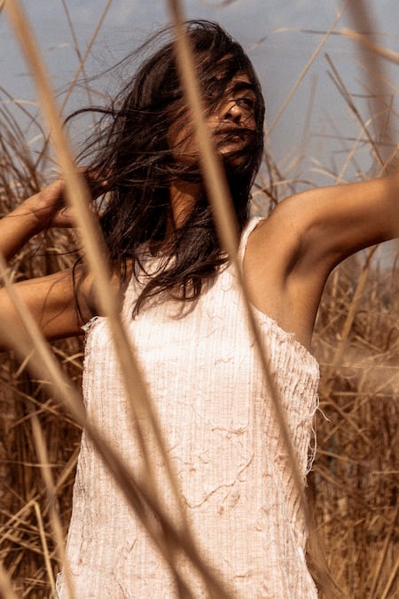 Buy_Ahmev_Pink Handloom Cotton Halter Neck Textured Maxi Dress _Online_at_Aza_Fashions