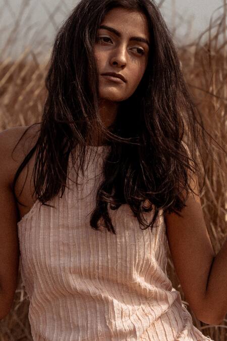 Ahmev_Pink Handloom Cotton Halter Neck Textured Maxi Dress _at_Aza_Fashions