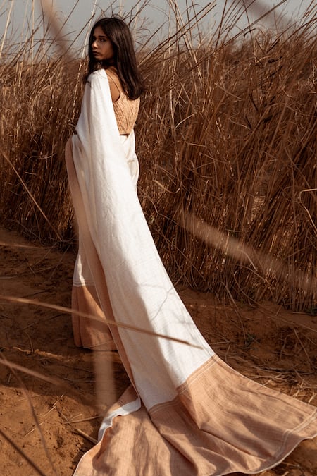 Shop_AHMEV_Ivory Handloom Cotton Lace Contrast Border Saree _at_Aza_Fashions