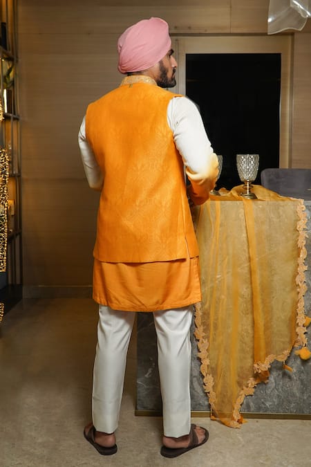 Shop_Soniya G_Yellow Cotton Embroidery Mustard Damask Bundi Kurta Set _at_Aza_Fashions