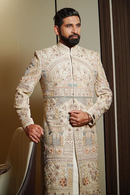 Soniya G Cream Lucknowi Embroidery Royal Garden Sherwani 