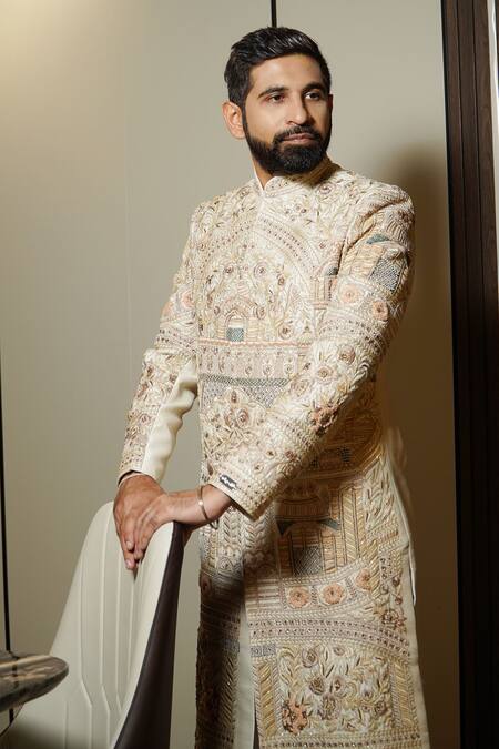 Soniya G_Cream Linen Embroidery Royal Garden Sherwani _Online_at_Aza_Fashions