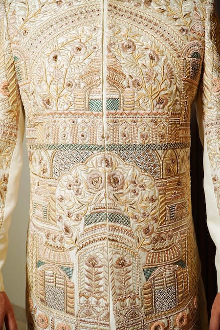 Buy_Soniya G_Cream Linen Embroidery Royal Garden Sherwani _Online_at_Aza_Fashions