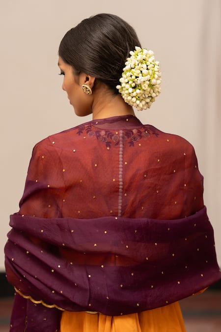 Shop Mimamsaa Wine Organza Silk Embroidered Sequin Pitambara Scallop Border Dupatta at Aza Fashions Shop_Mimamsaa_Wine Organza Silk Embroidered Sequin Pitambara Scallop Border Dupatta _at_Aza_Fashions