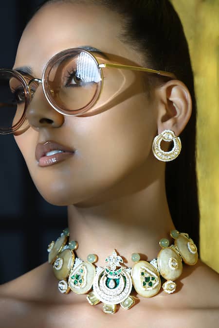 Joules By Radhika Gold Plated Pearls, Stones Hydro Emerald Embellished Choker Set