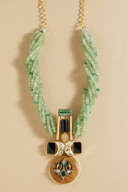 Shop Joules By Radhika Green Stone Studded Geometric Pendant Necklace at Aza Fashions Shop_Joules By Radhika_Green Stone Studded Geometric Pendant Necklace_at_Aza_Fashions