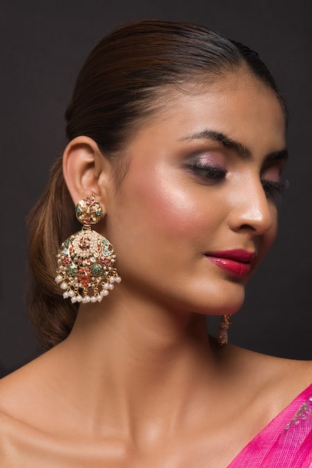 Queens Jewels Navratan Jadau Stone Embellished Chandbali Earrings 