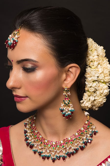 Queens Jewels_Gold Plated Beads Anika Kundan Embellished Choker Set _Online_at_Aza_Fashions