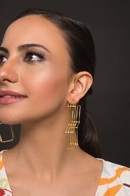 Shop Queens Jewels Gold Plated Kris 3d Geometric Cutwork Earrings at Aza Fashions Shop_Queens Jewels_Gold Plated Kris 3d Geometric Cutwork Earrings _at_Aza_Fashions