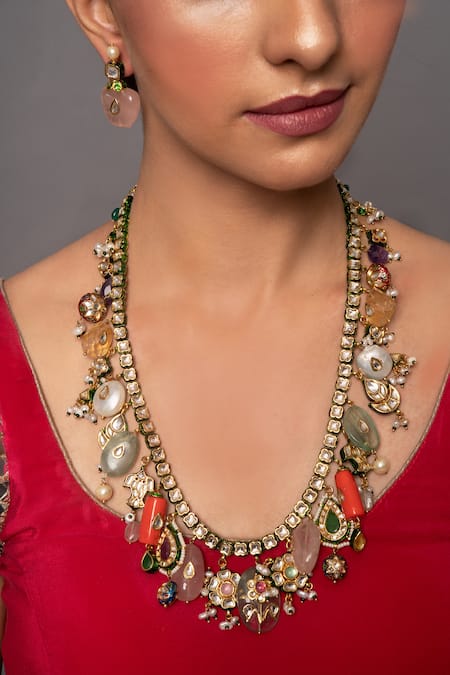 Shop Queens Jewels Multi Color Diamonds, Stones Saanvi Navratan Studded Necklace Set at Aza Fashions Shop_Queens Jewels_Multi Color Diamonds, Stones Saanvi Navratan Studded Necklace Set _at_Aza_Fashions