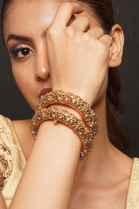 Buy_Queens Jewels_Gold Plated Anvi Temple Kada - 2 Pcs _Online_at_Aza_Fashions