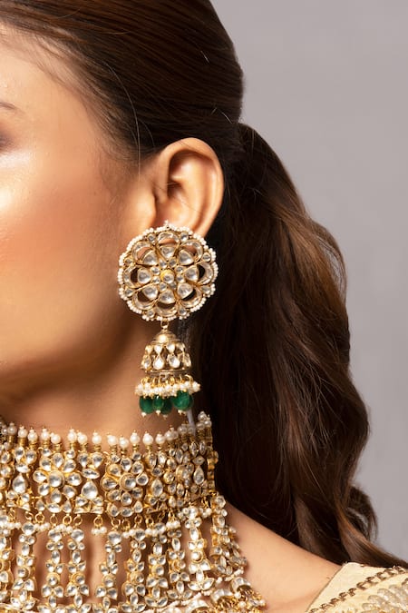 Queens Jewels Green Stones Kundan Embellished Bridal Jewellery Set Online at Aza Fashions Queens Jewels_Green Stones Kundan Embellished Bridal Jewellery Set _Online_at_Aza_Fashions