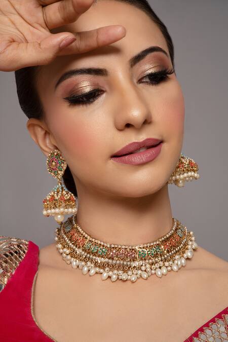 Buy Queens Jewels Multi Color Stones, Zari Arya Navratan Jadau Choker Set Online at Aza Fashions Buy_Queens Jewels_Multi Color Stones, Zari Arya Navratan Jadau Choker Set _Online_at_Aza_Fashions