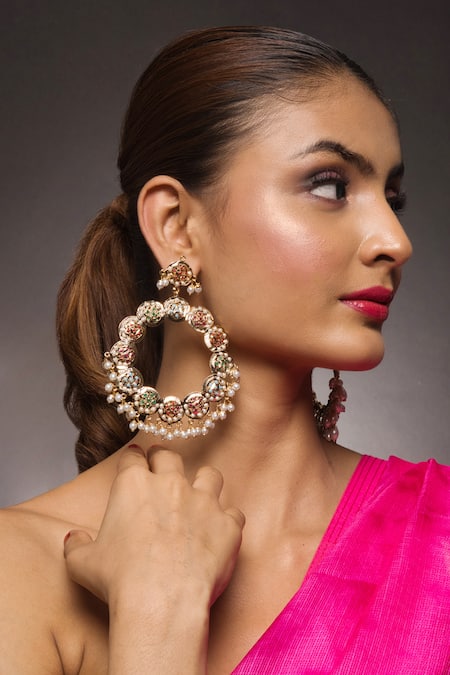 Queens Jewels_Multi Color Stones, Zari Navratan Jadau Floral Earrings _Online_at_Aza_Fashions