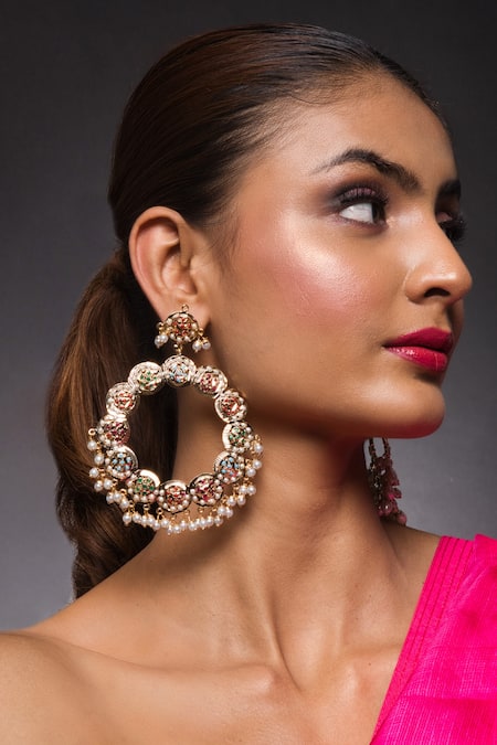 Buy_Queens Jewels_Multi Color Stones, Zari Navratan Jadau Floral Earrings _Online_at_Aza_Fashions