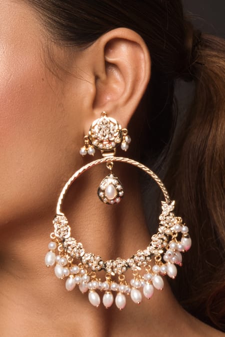 Shop Queens Jewels White Stones, Zari Hollow Jadau Chandbalis at Aza Fashions Shop_Queens Jewels_White Stones, Zari Hollow Jadau Chandbalis _at_Aza_Fashions