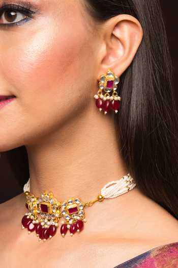 Shop Queens Jewels Red Beads, Stones Kundan Studded Choker Set at Aza Fashions Shop_Queens Jewels_Red Beads, Stones Kundan Studded Choker Set _at_Aza_Fashions