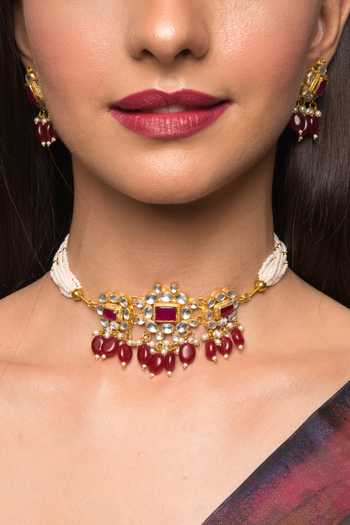 Queens Jewels Red Beads, Stones Kundan Studded Choker Set Online at Aza Fashions Queens Jewels_Red Beads, Stones Kundan Studded Choker Set _Online_at_Aza_Fashions