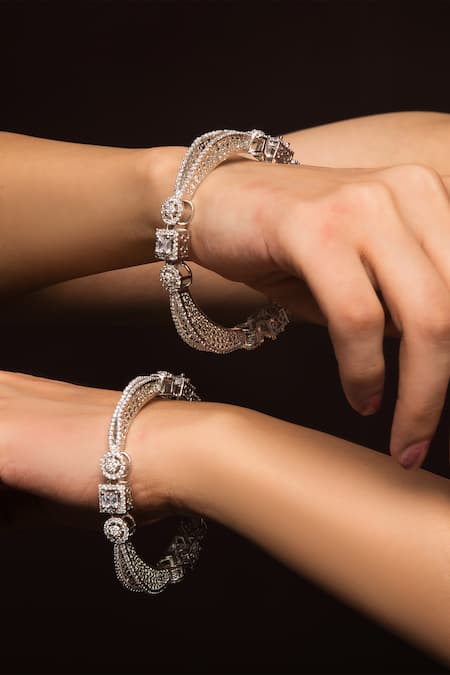Shop_Queens Jewels_Silver Plated Crystals Maryam American Diamond Bangles - Set Of 2 _at_Aza_Fashions