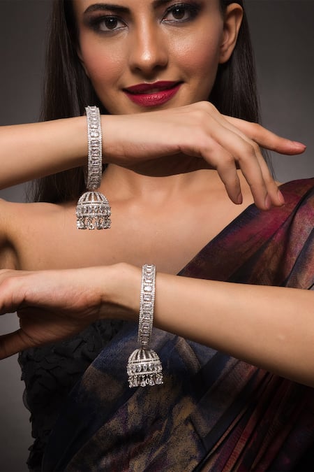 Queens Jewels Silver Plated American Diamond Jhumkas Hanging Bangles - Set Of 2 