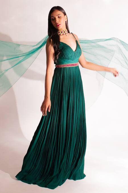 Anshika Tak Label_Green Georgette, Net Embroidery V-neck Pleated Anarkali With Choker Dupatta _Online_at_Aza_Fashions