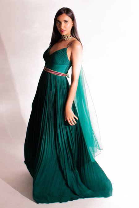 Buy_Anshika Tak Label_Green Georgette, Net Embroidery V-neck Pleated Anarkali With Choker Dupatta _Online_at_Aza_Fashions