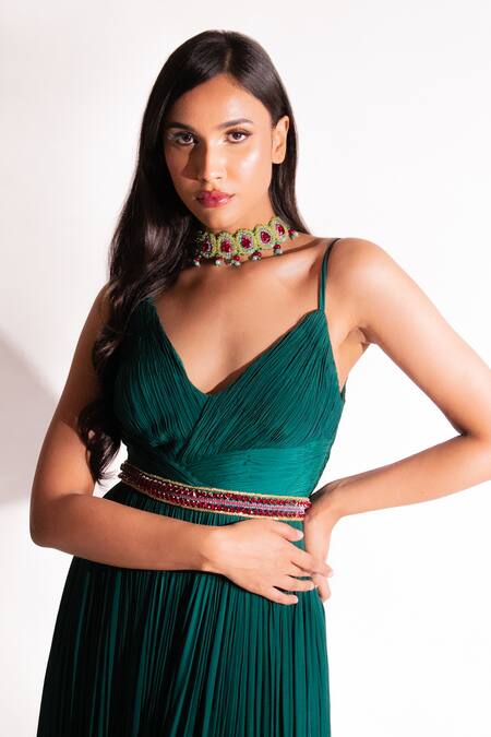 Shop_Anshika Tak Label_Green Georgette, Net Embroidery V-neck Pleated Anarkali With Choker Dupatta _Online_at_Aza_Fashions