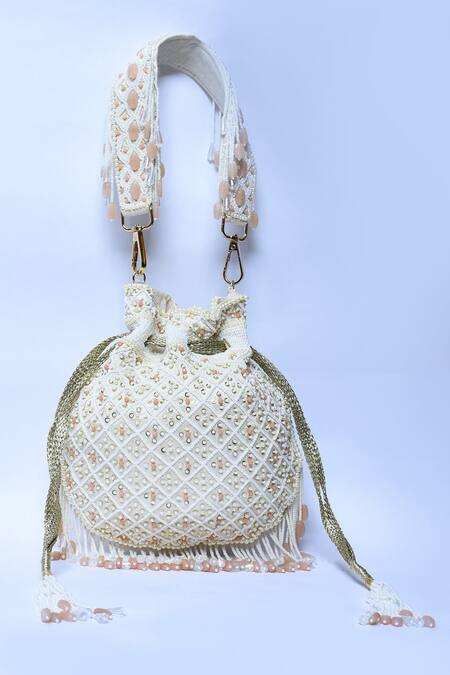 Aloha By PS_Off White Embroidery Victorian Embellished Silk Potli_Online_at_Aza_Fashions