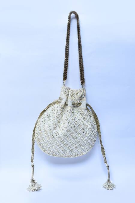 Aloha By PS_Off White Embroidery Victorian Pearl Potli_Online_at_Aza_Fashions