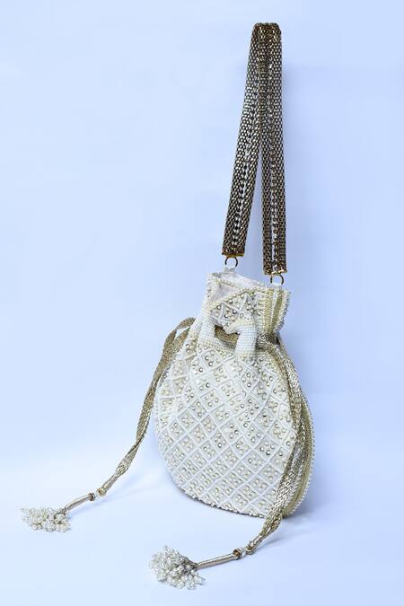 Buy_Aloha By PS_Off White Embroidery Victorian Pearl Potli_Online_at_Aza_Fashions