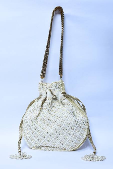 Shop_Aloha By PS_Off White Embroidery Victorian Pearl Potli_Online_at_Aza_Fashions