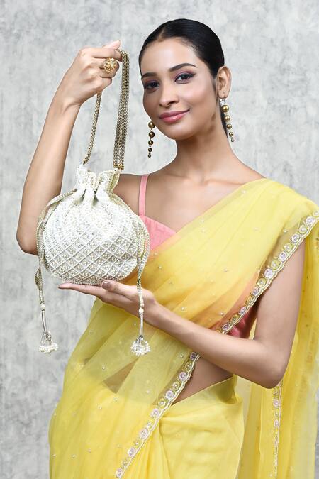 Aloha By PS_Off White Embroidery Victorian Pearl Potli_at_Aza_Fashions