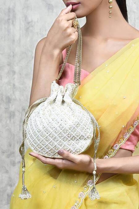 Buy Aloha By PS Off White Embroidery Victorian Pearl Potli Buy_Aloha By PS_Off White Embroidery Victorian Pearl Potli