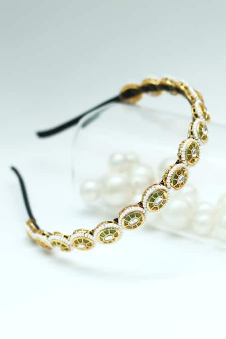 Foot Fuel Gold Beads, Stones Oval Embellished Broach Hairband 