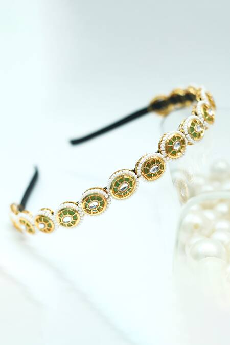 Buy_Foot Fuel_Gold Beads, Stones Oval Embellished Broach Hairband _Online_at_Aza_Fashions