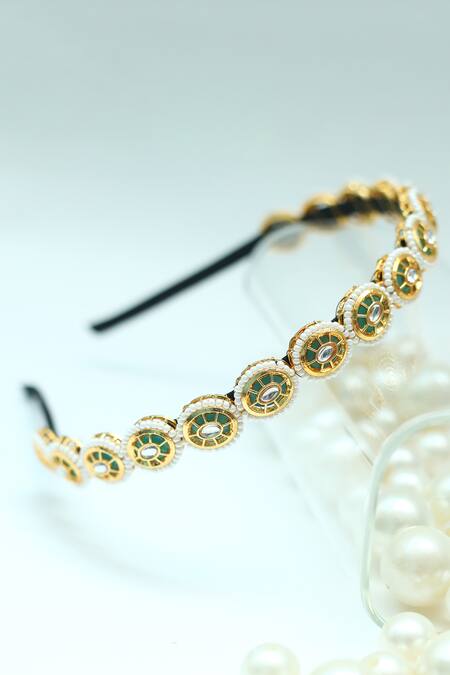 Shop_Foot Fuel_Gold Beads, Stones Oval Embellished Broach Hairband _Online_at_Aza_Fashions