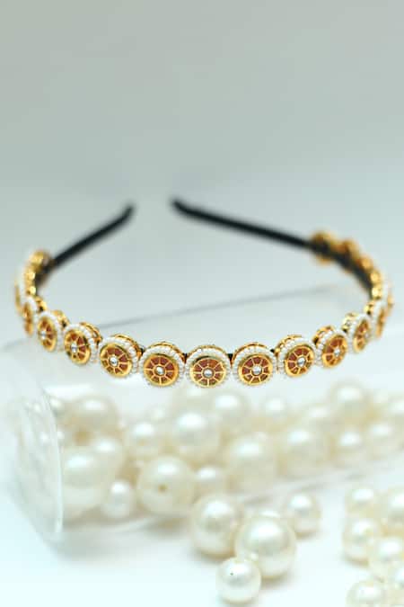 Foot Fuel Gold Beads, Stones Round Studded Broach Hairband 