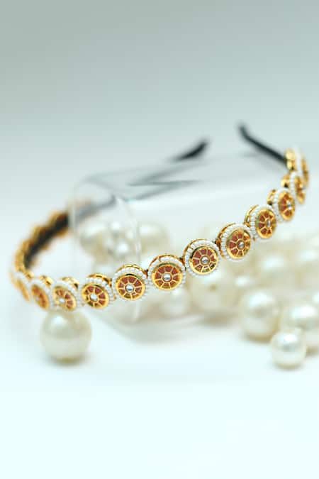 Shop_Foot Fuel_Gold Beads, Stones Round Studded Broach Hairband _at_Aza_Fashions