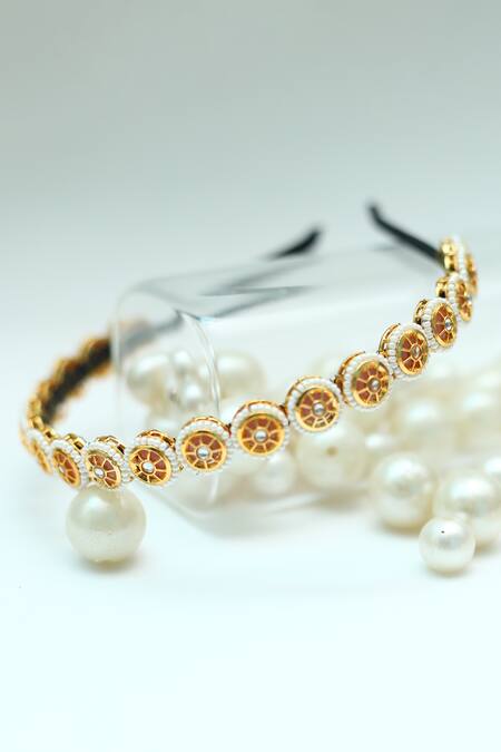 Foot Fuel_Gold Beads, Stones Round Studded Broach Hairband _Online_at_Aza_Fashions